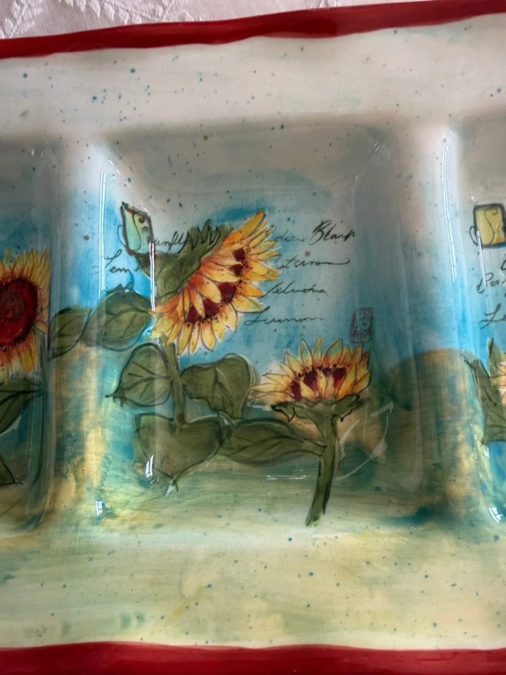 Sunflower Sectioned Serving Tray - Red Rim